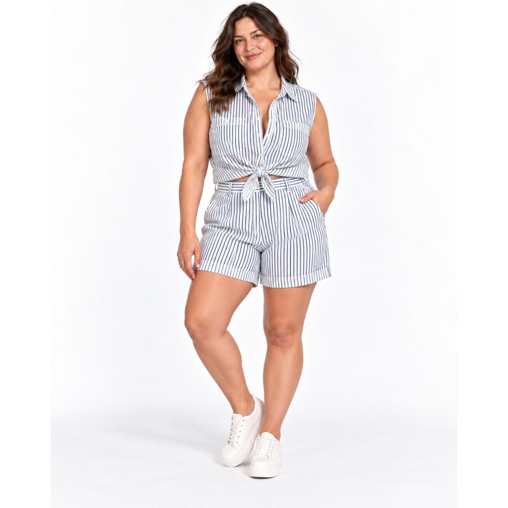Woodward's Collection Shorts Set Women 16 Blue White Striped Cotton
